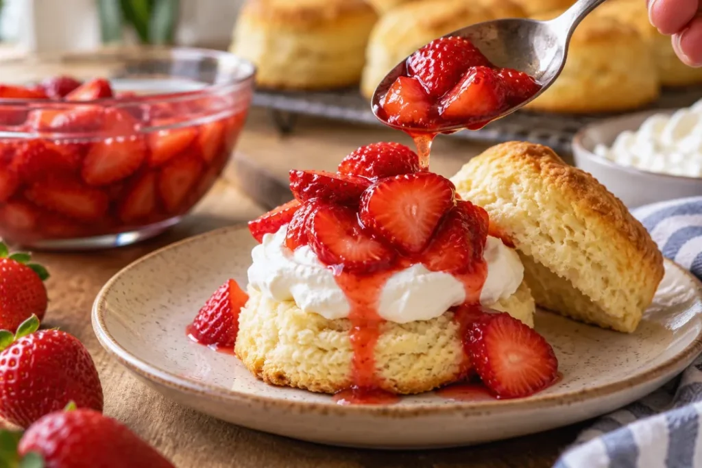 Assembling strawberry shortcake with macerated berries and fresh whipped cream