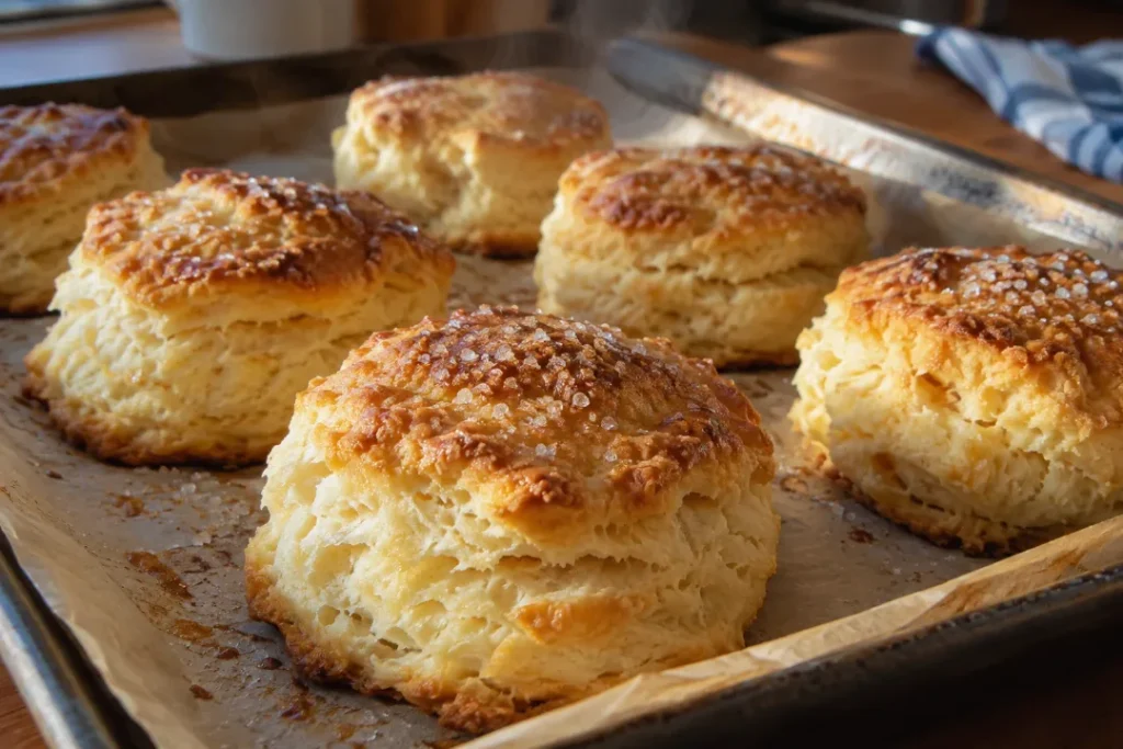 Golden homemade biscuits for strawberry shortcake cooling on a baking sheet