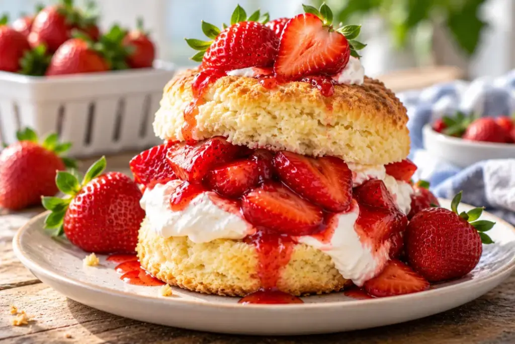 Homemade strawberry shortcake stacked with juicy berries and fresh whipped cream