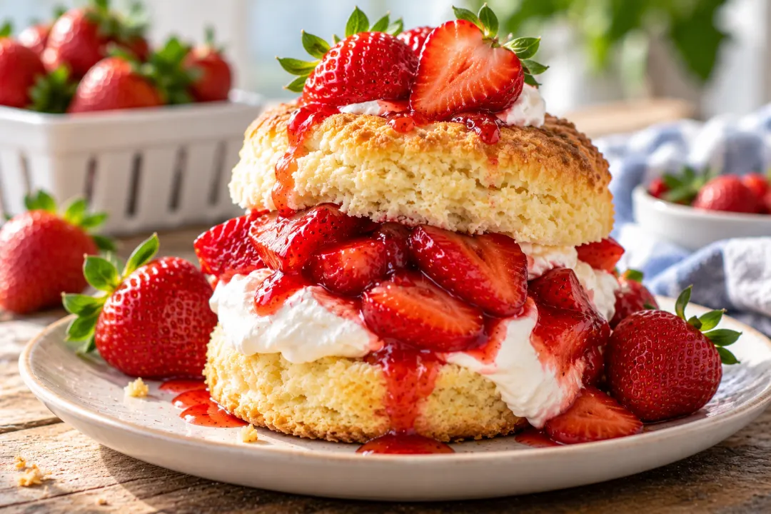 Homemade strawberry shortcake stacked with juicy berries and fresh whipped cream