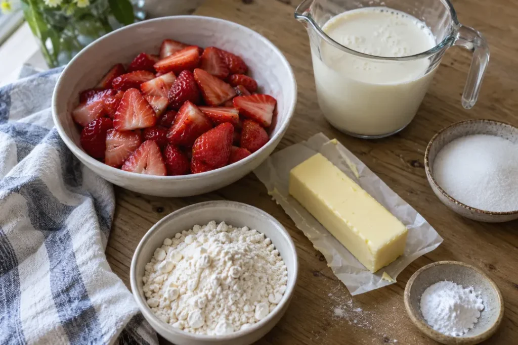 Fresh ingredients for homemade strawberry shortcake laid out on a wooden table