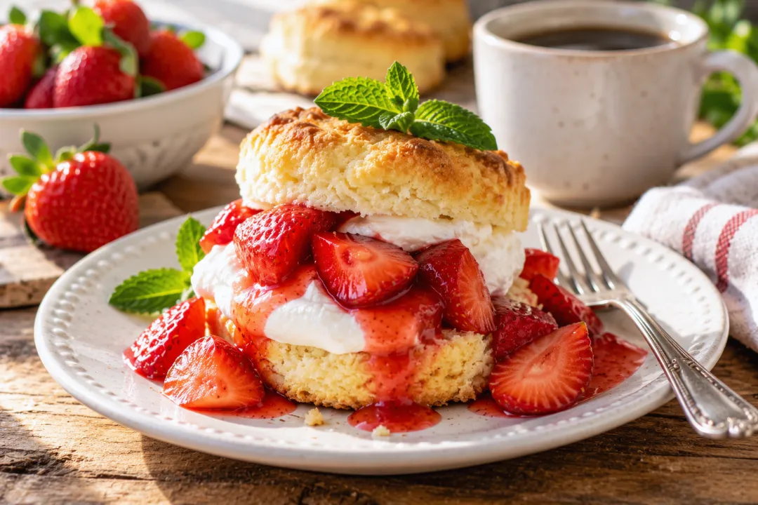 Strawberry shortcake served on a plate with a mint garnish and coffee